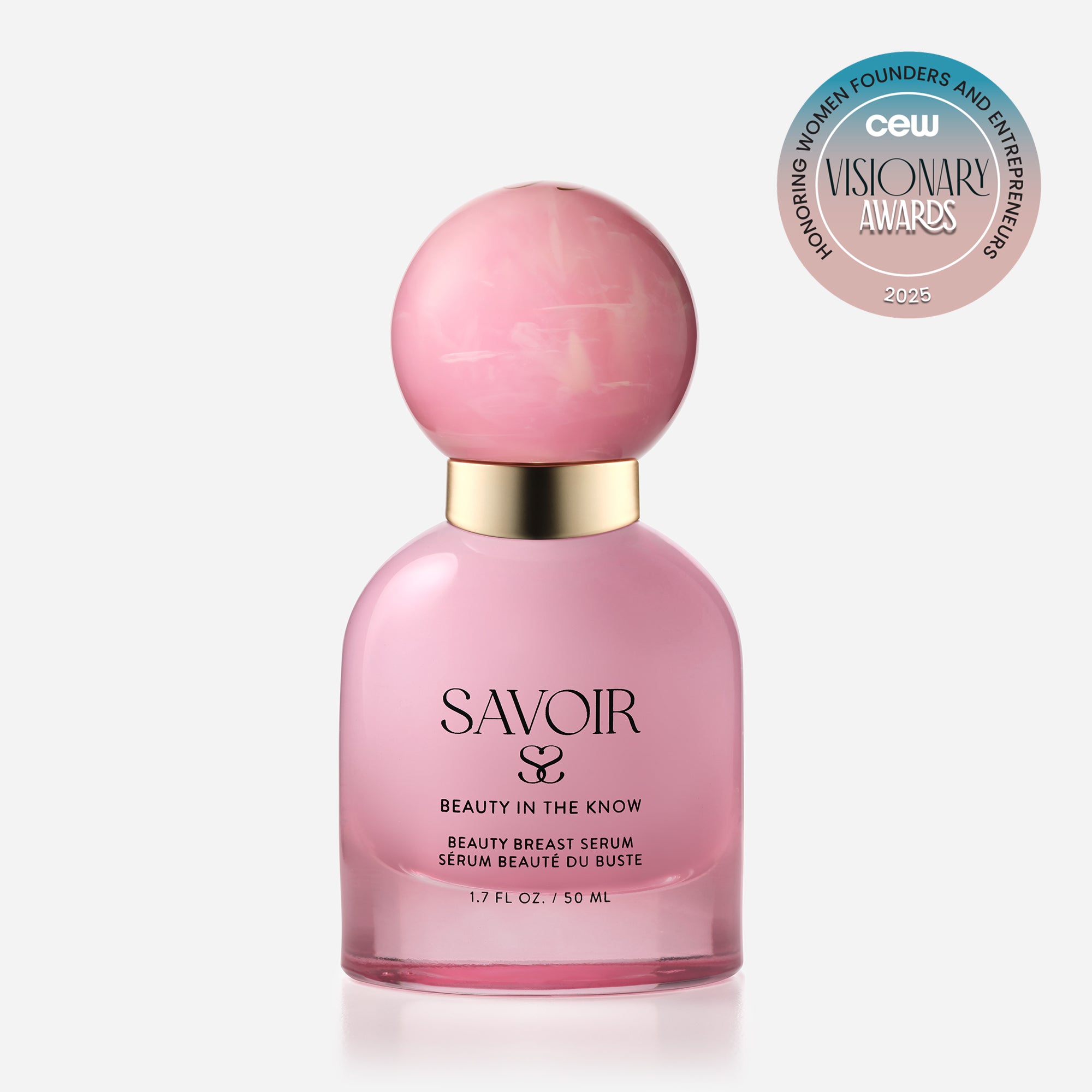 SAVOIR cap, one sealed serum bottle, and one with bottle where the cap is removed and the bottle is resting on the cap, softly lit to highlight the pink glass and rounded lid design.