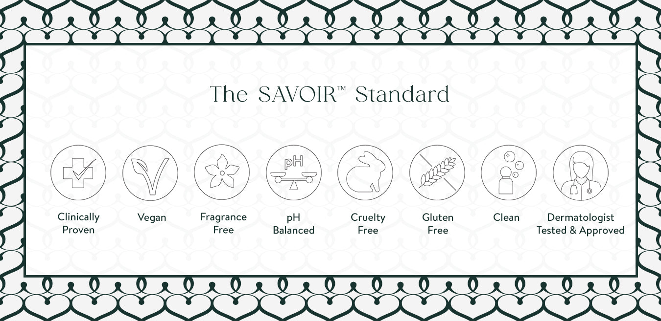 This is a series of 8 images starting with a cross and a check mark with the text ‘clinically proven” underneath it, the letter V that has a leaf on the top of the left side with the text “vegan” underneath it, a flower with the text “Fragrance Free” underneath it, a scale with the letters pH above it with the text “pH Balanced”, an outline of a rabbit with the text “cruelty free”, wheat with a line through it with the text “Gluten Free”, an outline of the SAVOIR bottle with three bubbles with the text “cle